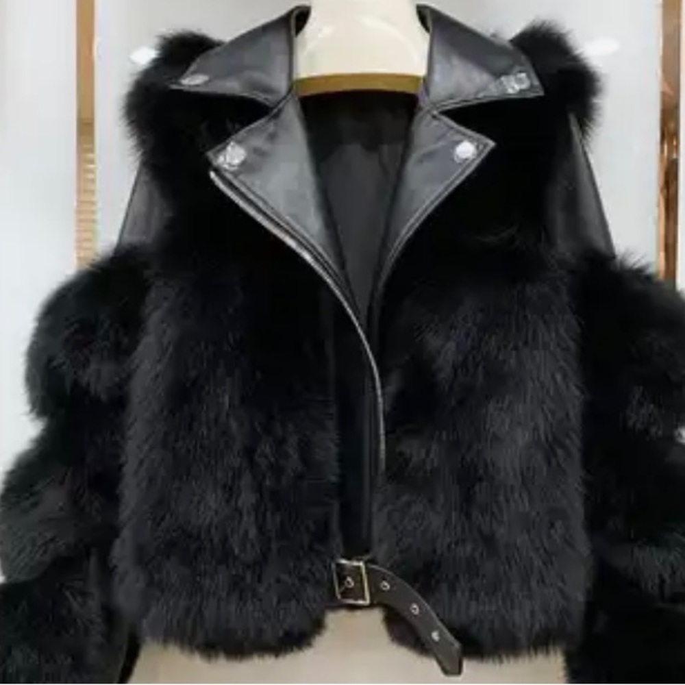 Black leather and real fox fur jacket